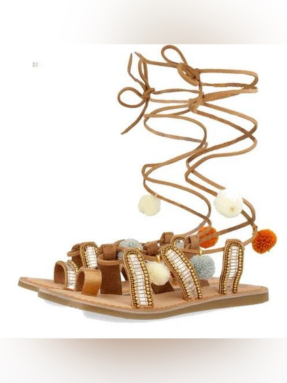 NWT Embellished Lace-Up Pom Pom Gladiator Boho Sandals -Tan